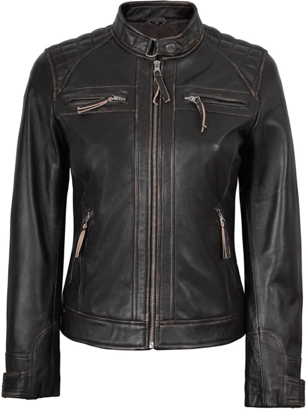 Womenโs Brown Ruboff Leather Cafe Racer Motorcycle Biker Jacket